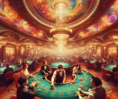 A group of people enjoying a game of EZ Baccarat at a stylish casino table, capturing the thrill and excitement of the game.